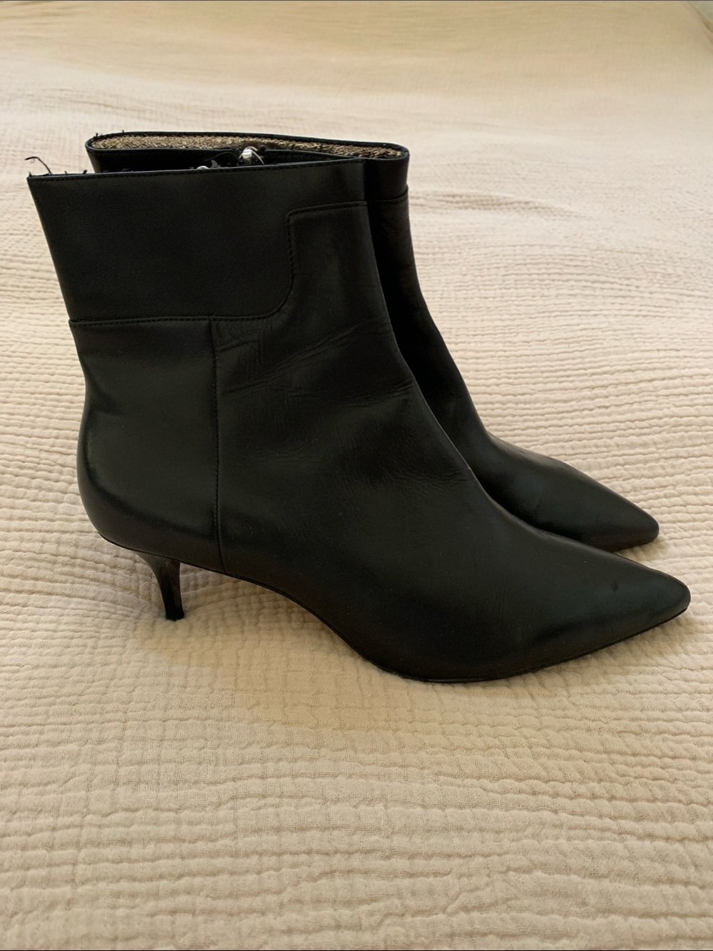 Zara Black Pointed-Toe REAL Leather Ankle Booties with Kitten Heel